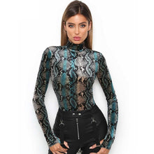 Load image into Gallery viewer, Mon Amie Cherry, Animal print bodysuit, animal print top, long sleeve top, turtleneck bodysuit, snake print bodysuit