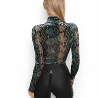 Load image into Gallery viewer, Mon Amie Cherry, Animal print bodysuit, animal print top, long sleeve top, turtleneck bodysuit, snake print bodysuit