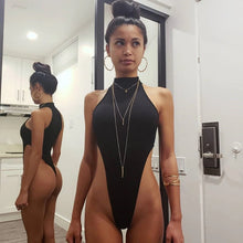 Load image into Gallery viewer, Mon Amie Cherry, Sexy Bodysuit, mock-neck, Black bodysuit