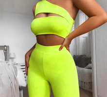 Load image into Gallery viewer, Mon Amie Cherry, Crop top, 2 piece set, knee length set, neon orange, sexy set, lounge set