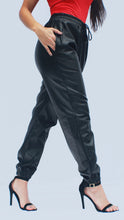 Load image into Gallery viewer, Mon Amie Cherry, #PUjoggers, #FauxLeatherJoggers, Black Joggers, Black Pants, #sexywear, #streetwear, casual, #blackpants, #sexymom, #partypants