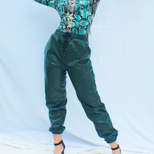 Load image into Gallery viewer, Mon Amie Cherry, #PUjoggers, #FauxLeatherJoggers, Black Joggers, Black Pants, #sexywear, #streetwear, casual, #tealpants, #sexymom, #partypants