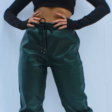 Load image into Gallery viewer, Mon Amie Cherry, #PUjoggers, #FauxLeatherJoggers, Black Joggers, Black Pants, #sexywear, #streetwear, casual, #tealpants, #sexymom, #partypants