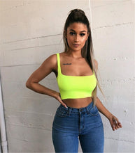 Load image into Gallery viewer, Mon Amie Cherry, Scoop-Neck Tank, Cropped Tank, Casual top, Sexy top, Neon Green Top, Neon Green Tee
