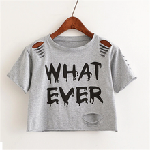 Load image into Gallery viewer, crop tee, ripped tee, whatver, whatever tee, gray tee, knitted tee
